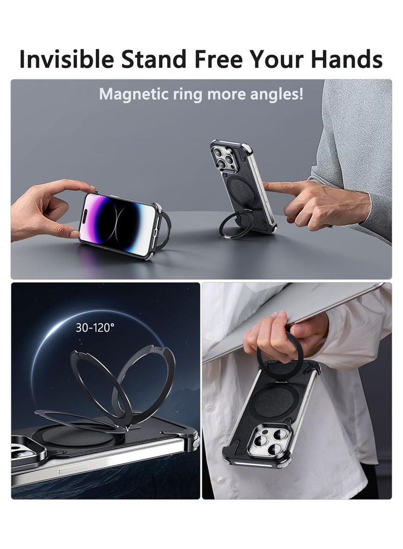 Excefore For iPhone 15 Promax Leather Case with Magsafe Kickstand, Bezel Less Metal Slim Hard Ultra Thin for iPhone 15 Pro Max Case with Ring Holder Magnetic Invisible Stand for Men, Black - Image 5