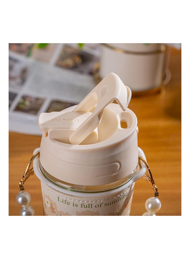 SYOSI SYOSI High Value Pearl Cup, with Tote Chain Double Drink Straw and Sleeve, for Summer Girls Coffee Water Cup, Tulip Glass Water Cup  - Image 4