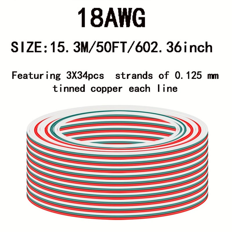 سلك شريط LED RGB 18 AWG 3 دبابيس 15.3 متر 50 قدم كابل تمديد نحاسي مطلي بالقصدير - Image 3