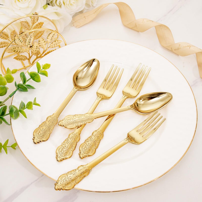 BUCLA 200 Piece Gold Plastic Silverware - Baroque Style Gold Plastic Forks and Spoons - 100 Forks and 100 Spoons for Weddings & Parties - Image 3