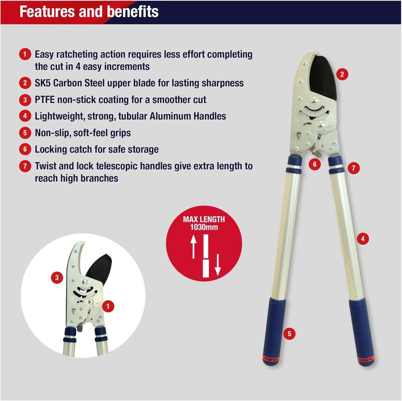 Spear  Jackson 8290RS Razorsharp Heavy Duty Telescopic Ratchet Anvil Loppers, Multicoloured - Image 2