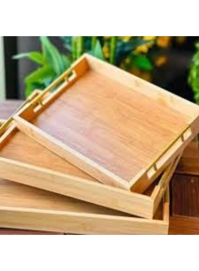 Luxury 3-Piece Bamboo Serving Tray Set - Royal Design with Gold Metal Handle - 4mm Wood Thickness - High Imported Quality Z (Small) - Image 3