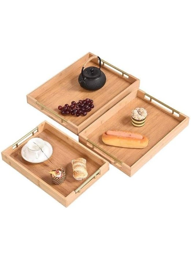 Luxury 3-Piece Bamboo Serving Tray Set - Royal Design with Gold Metal Handle - 4mm Wood Thickness - High Imported Quality Z (Small) - Image 2