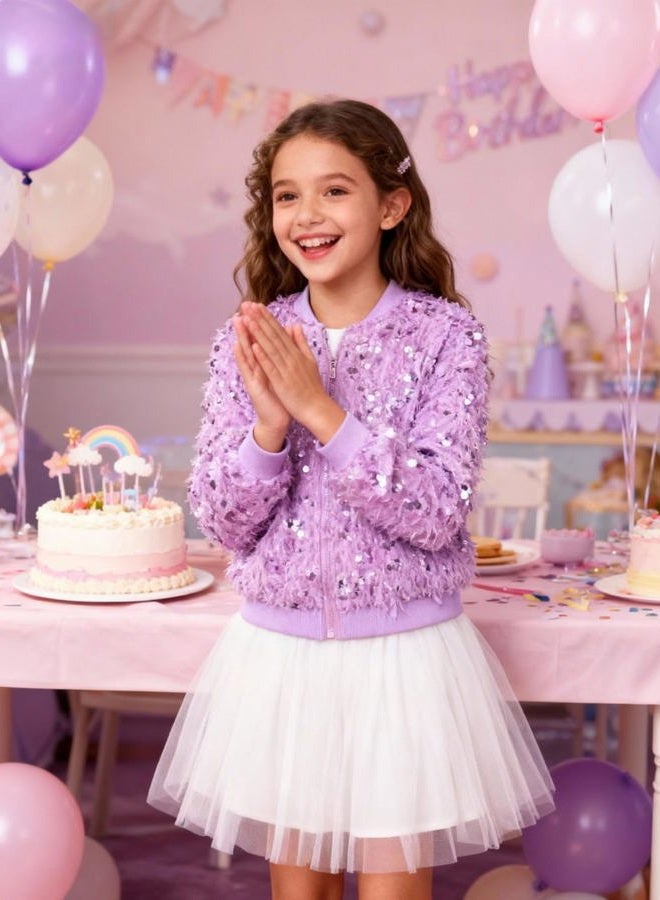 WELAKEN Girls Faux Feather Sequin Jacket Shiny Long Sleeve Zip Up Coat with Pockets - Image 4