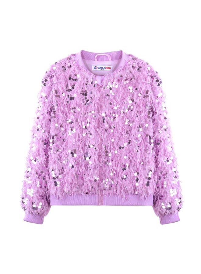 WELAKEN Girls Faux Feather Sequin Jacket Shiny Long Sleeve Zip Up Coat with Pockets - Image 1