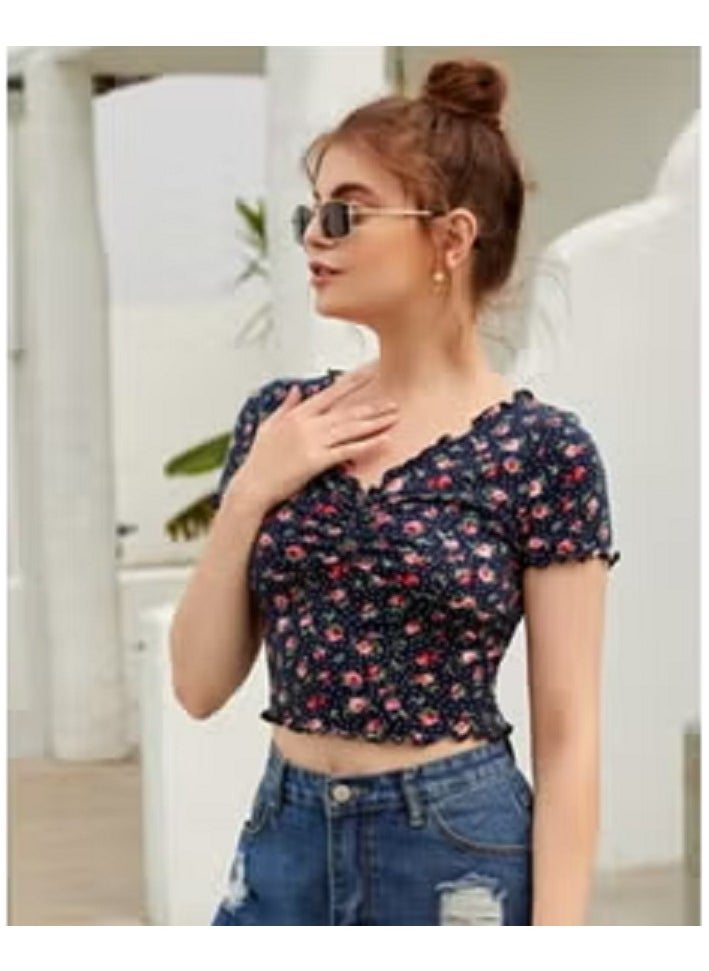 Shein - SHEIN EZwear Allover Floral & Polka Dot Print Lettuce Trim Crop Tee - Image 1