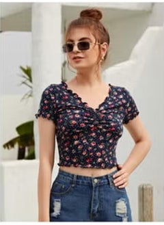 SHEIN EZwear Allover Floral & Polka Dot Print Lettuce Trim Crop Tee
