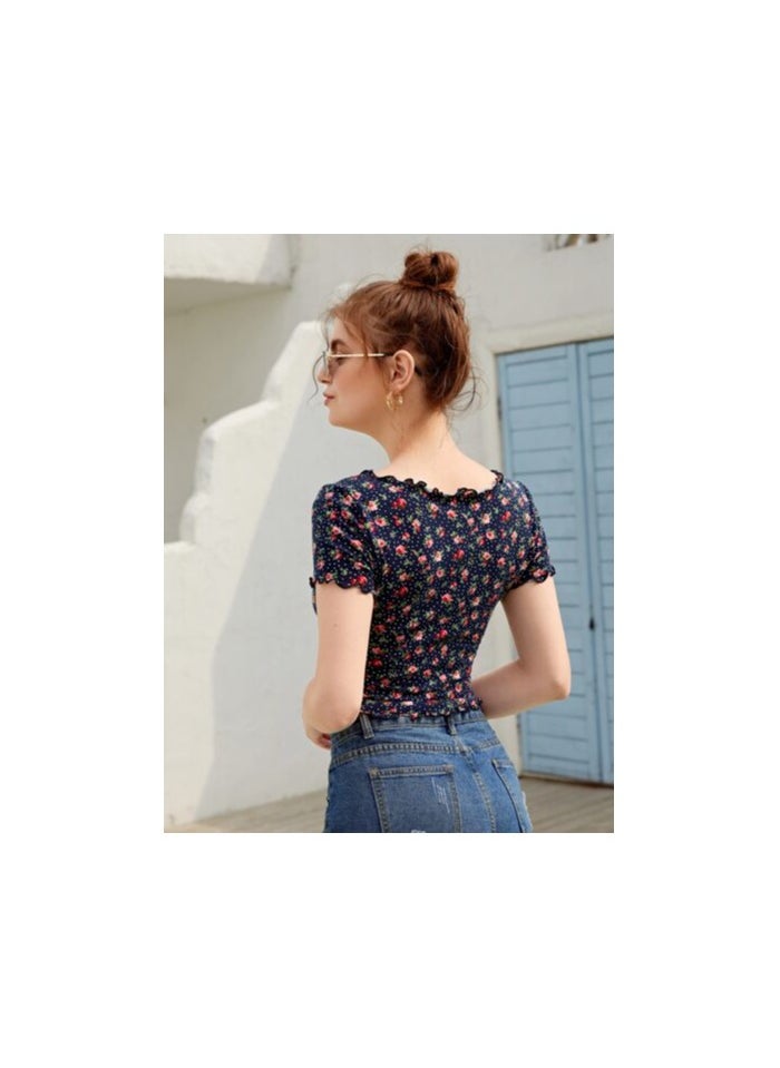 Shein - SHEIN EZwear Allover Floral & Polka Dot Print Lettuce Trim Crop Tee - Image 1