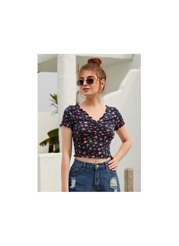 Shein - SHEIN EZwear Allover Floral & Polka Dot Print Lettuce Trim Crop Tee - Image 1