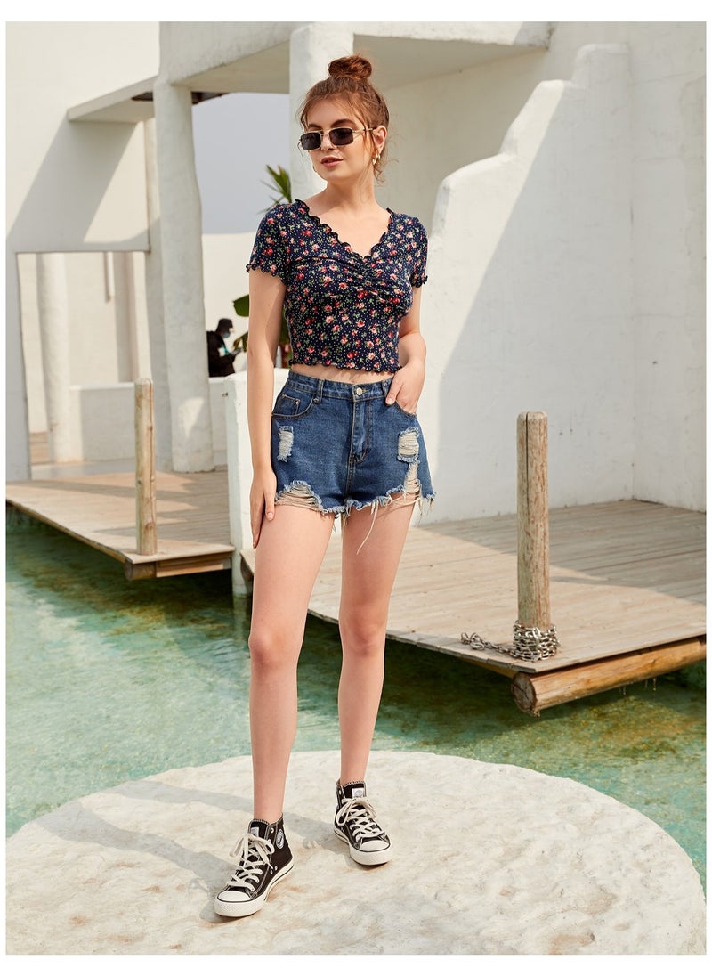 Shein - SHEIN EZwear Allover Floral & Polka Dot Print Lettuce Trim Crop Tee - Image 1