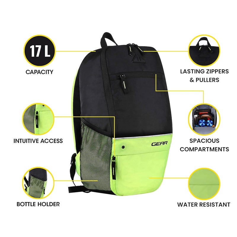 Gear حقيبة ظهر مدرسية/كلية/رياضية مقاومة للماء XL 17L مع حجرة للأحذية للرجال/النساء (أسود-أخضر فوسفوري) - Image 2