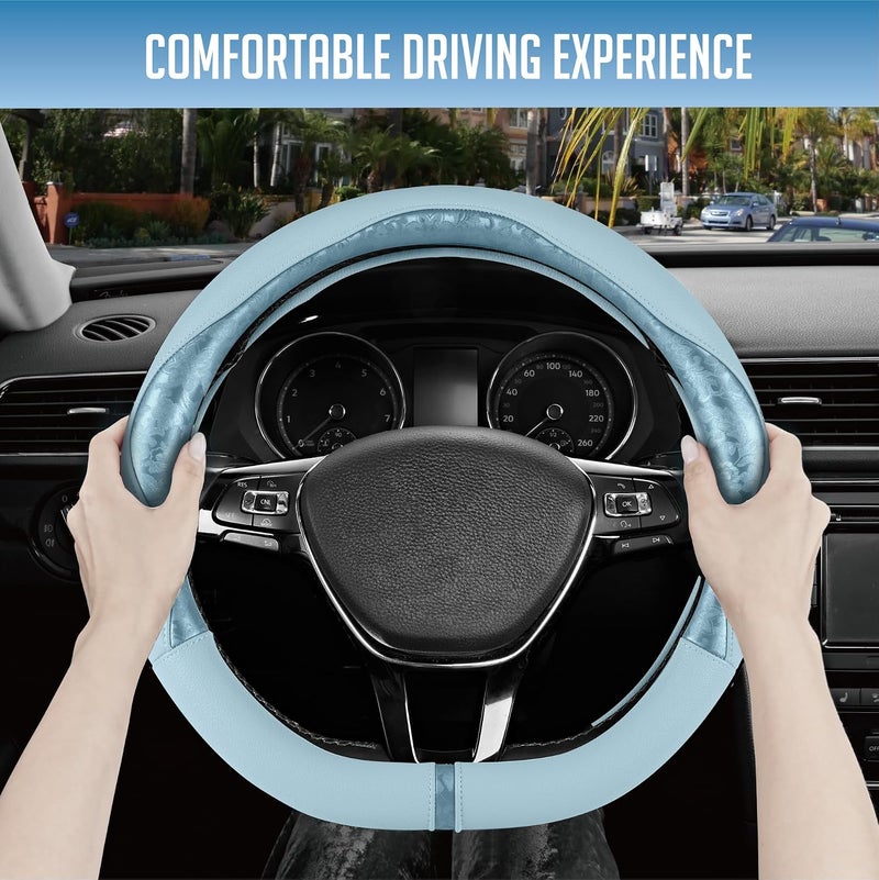 PIC AUTO Steering Wheel Cover, Light Blue Patterned Leather Patchwork Design, Universal Fit 14.5"–15.5" D-Shape Steering Cover, Soft PU Grain Leather, Durable Grip Car Accessory for Girls & Women - Image 5