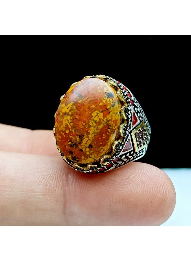 كريتر  خاتم رجالي عقيق يماني طبيعي أحمر طحلبي فريد من نوعه مع حلقة من الفضة عيار 925 - Image 3