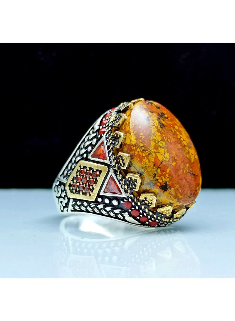 كريتر  خاتم رجالي عقيق يماني طبيعي أحمر طحلبي فريد من نوعه مع حلقة من الفضة عيار 925 - Image 2