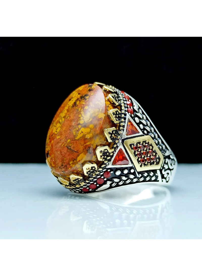 كريتر  خاتم رجالي عقيق يماني طبيعي أحمر طحلبي فريد من نوعه مع حلقة من الفضة عيار 925 - Image 1