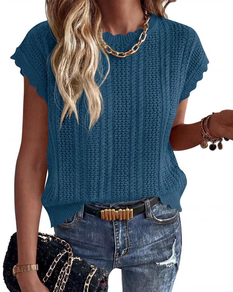 KIRUNDO Crochet Tops for Women Cap Short Sleeve Sweater Vest 2026 Spring Summer Cable Knit Pullover Beach Vacation Outfits(Dusty Blue, Small) - Image 1
