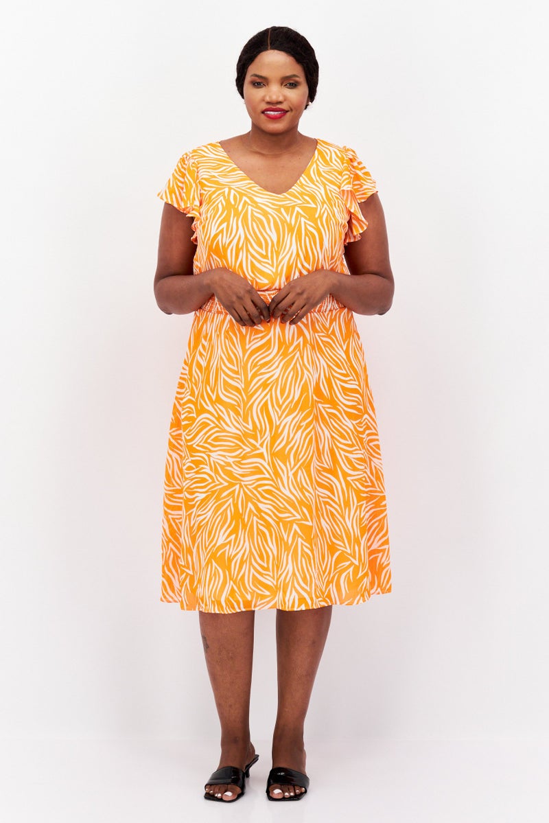 VINCE CAMUTO Women Plus Size Allover Print Midi Dress, Orange - Image 1