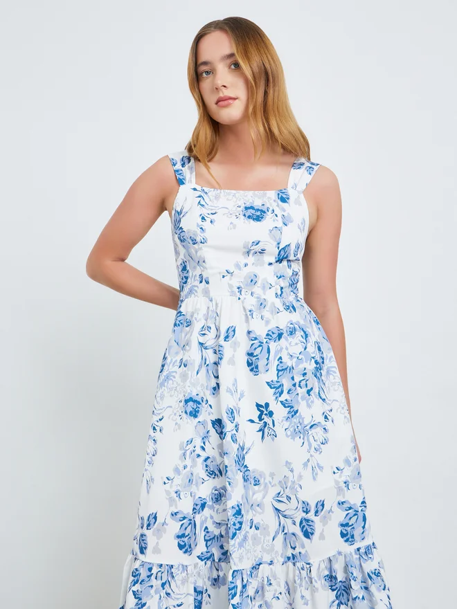 Take Two Blue Floral Square Neck Cami Midi Dress