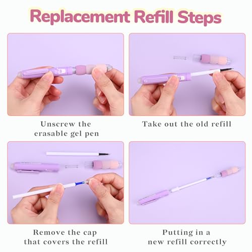 Temiary 18Pcs Aesthetic Retractable Erasable Gel Pens, Make Mistakes Disappear, 8 Pens & 10 Refills, Cartoon Smooth Writing Pen, 0.5 mm Black & Blue Ink Pen, Office School Supplies. (Purple Theme - Image 5