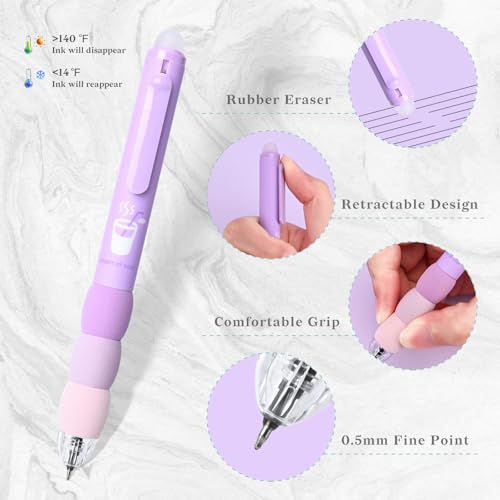 Temiary 18Pcs Aesthetic Retractable Erasable Gel Pens, Make Mistakes Disappear, 8 Pens & 10 Refills, Cartoon Smooth Writing Pen, 0.5 mm Black & Blue Ink Pen, Office School Supplies. (Purple Theme - Image 3