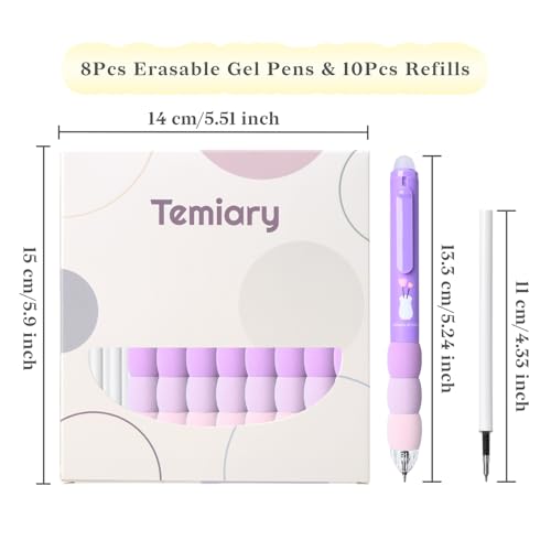 Temiary 18Pcs Aesthetic Retractable Erasable Gel Pens, Make Mistakes Disappear, 8 Pens & 10 Refills, Cartoon Smooth Writing Pen, 0.5 mm Black & Blue Ink Pen, Office School Supplies. (Purple Theme - Image 2