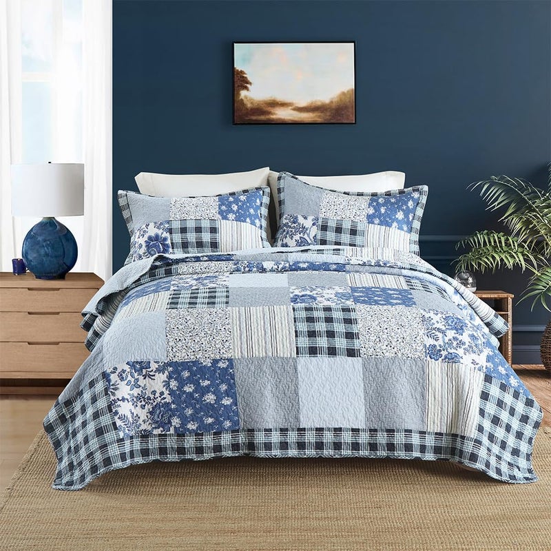 camandy Cotton Bedspread Quilt Bedding Sets 3 Pieces Reversible Coverlet Sets Comforters Rustic Floral Patchwork Blue White Bedspread, King Size - Image 1