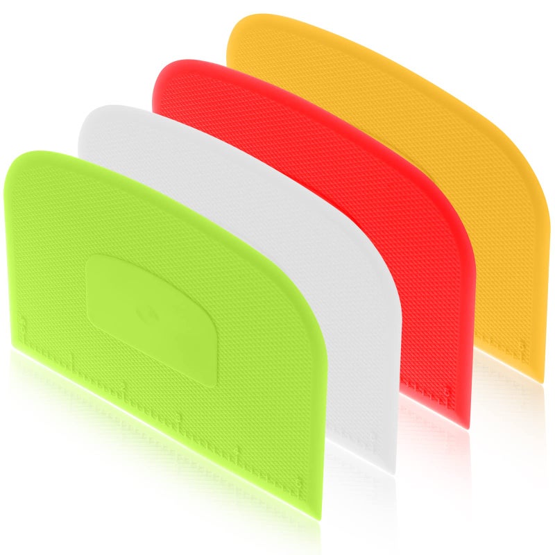 4 Piece Plastic Dough Scraper Bowl Scraper Flexible Multipurpose Food Scraper Plastic Dough Cutter for Bread Cake Dough Fondant Icing White Green Blue Pink