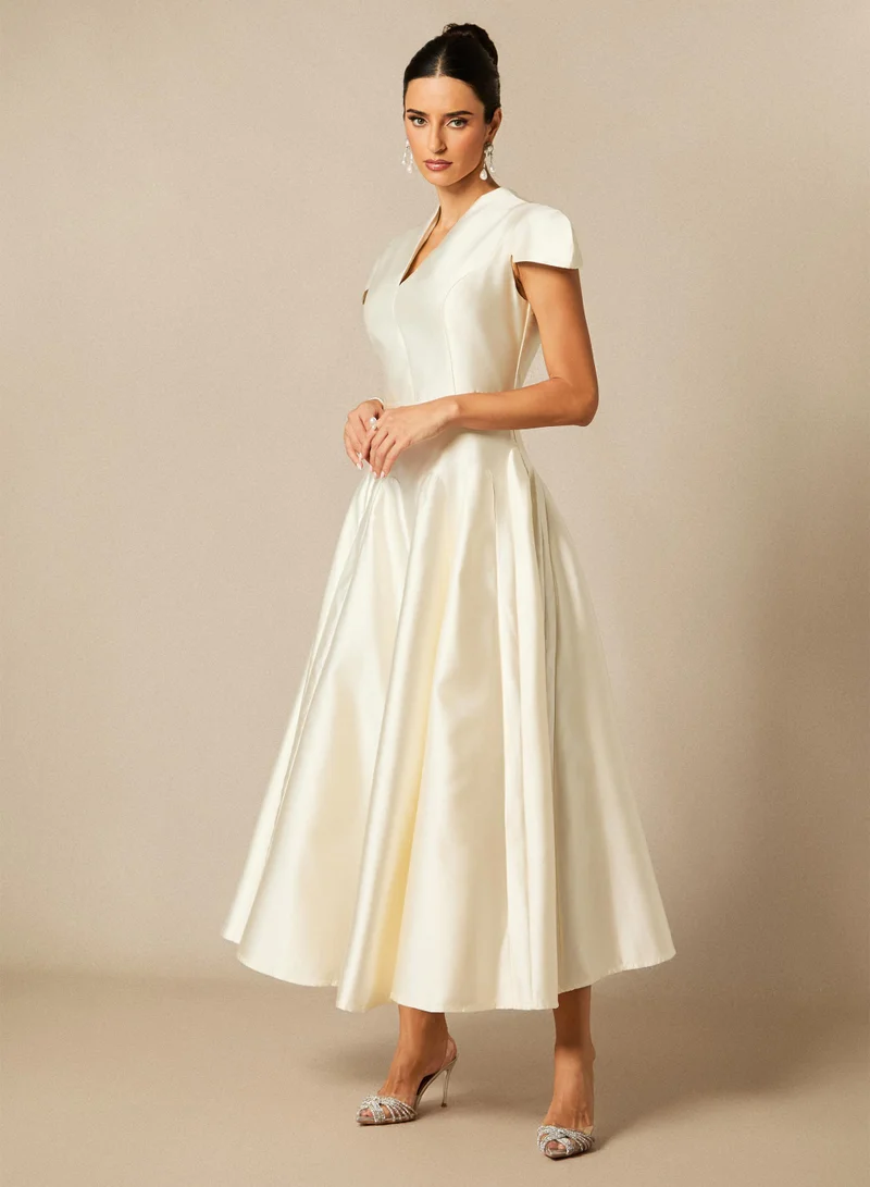 Sunfere Tiana Cap Sleeve V-Neck Satin Midi Dress