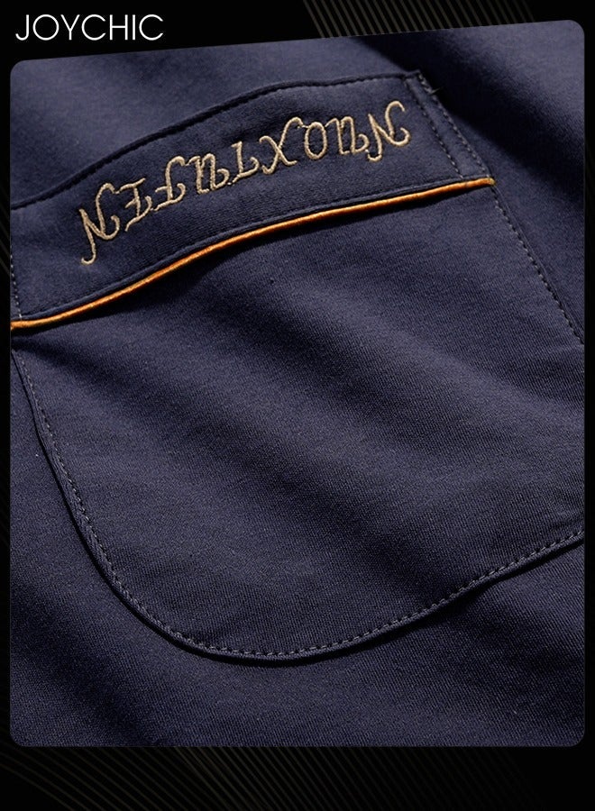NIBEMINENT 2-piece Leisure Spring Summer Autumn Men's Pajamas Set Pure Cotton Skin-friendly Short-sleeved Trousers Loose Youth Home Nightwear Breathable Cardigan Suit Dark Blue - Image 2