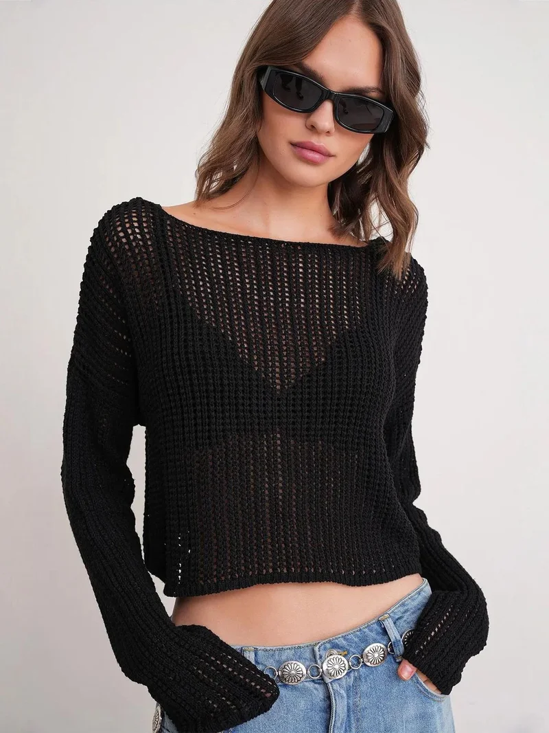MixRay Mixray Openwork Boat Neck Crop Knit Top