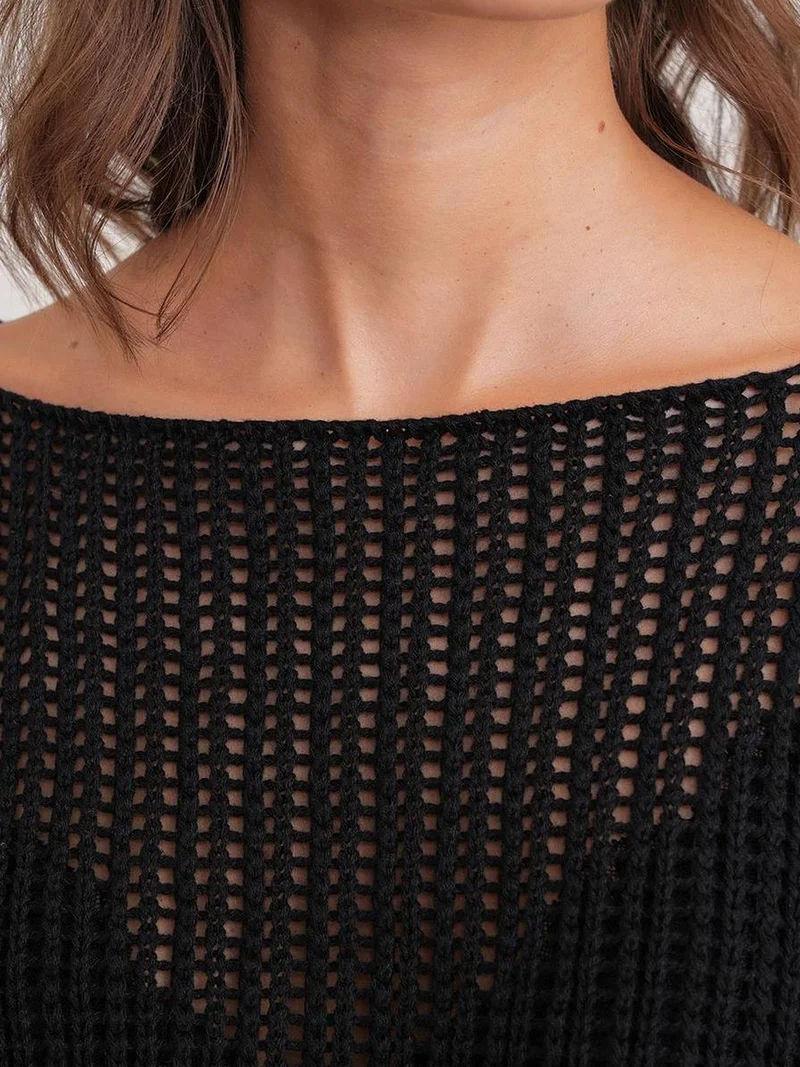 Mixray Black Mixray Openwork Boat Neck Crop Knit Top for Women | Best Price UAE