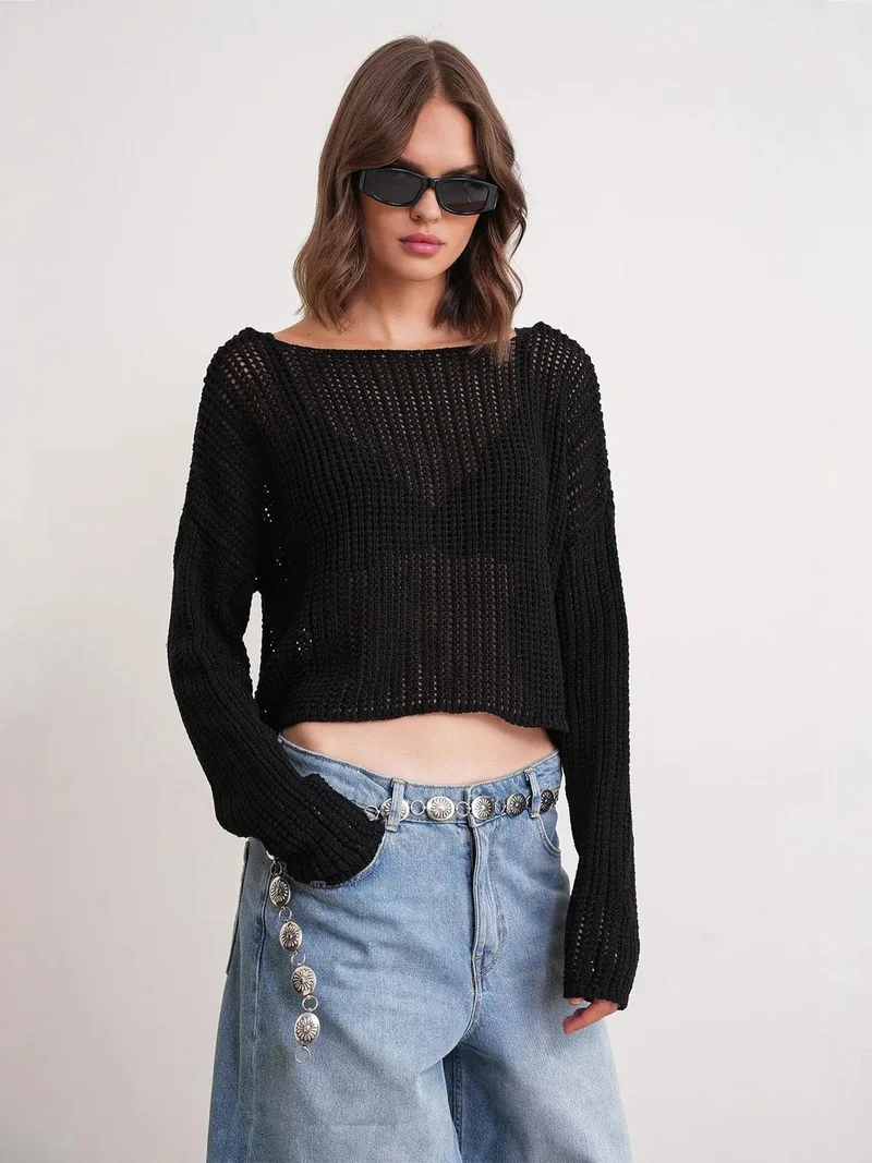Mixray Black Mixray Openwork Boat Neck Crop Knit Top for Women | Best Price UAE