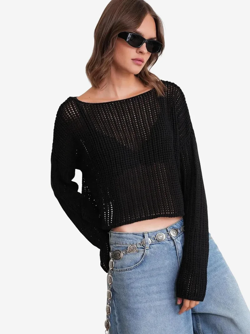 Mixray Black Mixray Openwork Boat Neck Crop Knit Top for Women | Best Price UAE