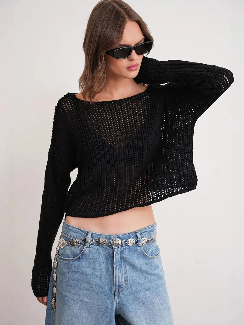 Mixray Black Mixray Openwork Boat Neck Crop Knit Top for Women | Best Price UAE