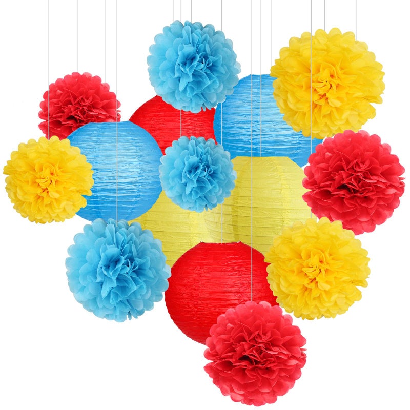 zilue Carnival Circus Party Decorations Red Yellow Blue Paper Lanterns and Pom Poms Flowers for Birthday Party Baby Showers Carnival Theme Rainbow Party Decor 15PCS