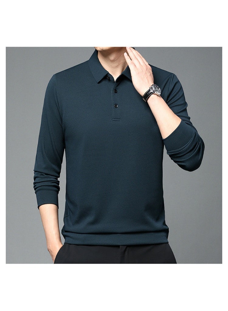 Spring Men's Long Sleeve Button Neck T-Shirt Business Casual Iron-Free Mid-aged Pure Color Top Breathable Comfortable Male Te - Image 3