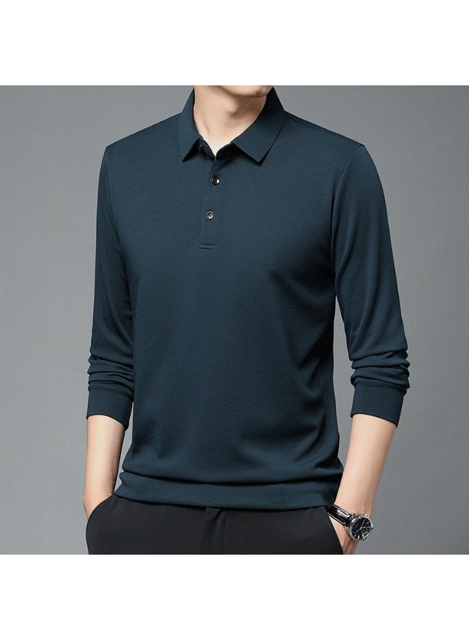 Spring Men's Long Sleeve Button Neck T-Shirt Business Casual Iron-Free Mid-aged Pure Color Top Breathable Comfortable Male Te - Image 1