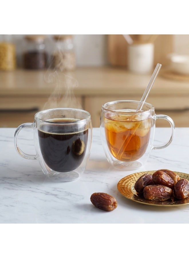 CRISTAL 2 Pcs Double Walled Glass Coffee Mugs 250ml Heat Resistant Clear Insulated Cups with Handle for Latte Cappuccino Tea - Image 1