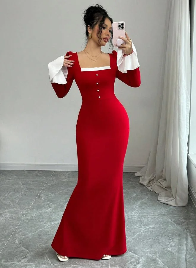 Take Two Women Red Square Neck Button Front Maxi Dress