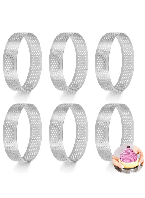 6 Pack Round Tart Rings, 8 cm Perforated Stainless Steel Nonstick Baking Molds, Mousse Cake Pastry Rings for Home Dessert Making