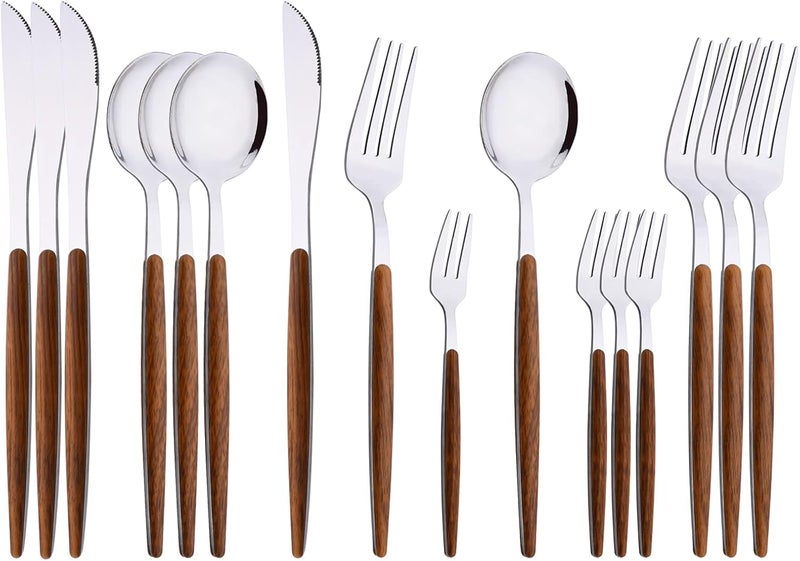 Uniturcky 16Piece Silverware Set with Cake Fork Silver Stainless Steel Flatware Cutlery Eating Utensils with Wooden Effect Handle Includes Knife Fork Spoon Mirror Finish Dishwasher Safe - Image 1