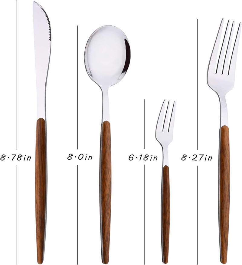 Uniturcky 16Piece Silverware Set with Cake Fork Silver Stainless Steel Flatware Cutlery Eating Utensils with Wooden Effect Handle Includes Knife Fork Spoon Mirror Finish Dishwasher Safe - Image 2