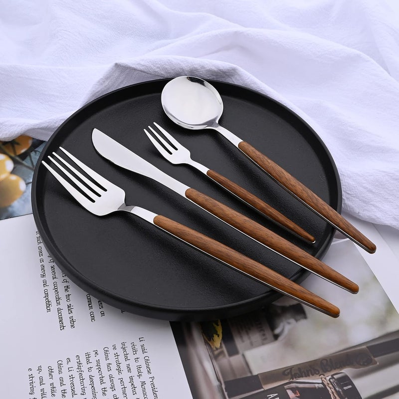Uniturcky 16Piece Silverware Set with Cake Fork Silver Stainless Steel Flatware Cutlery Eating Utensils with Wooden Effect Handle Includes Knife Fork Spoon Mirror Finish Dishwasher Safe - Image 3