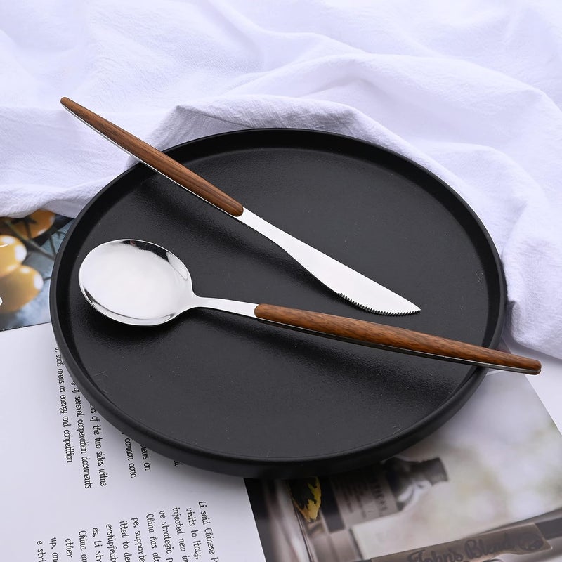 Uniturcky 16Piece Silverware Set with Cake Fork Silver Stainless Steel Flatware Cutlery Eating Utensils with Wooden Effect Handle Includes Knife Fork Spoon Mirror Finish Dishwasher Safe - Image 4