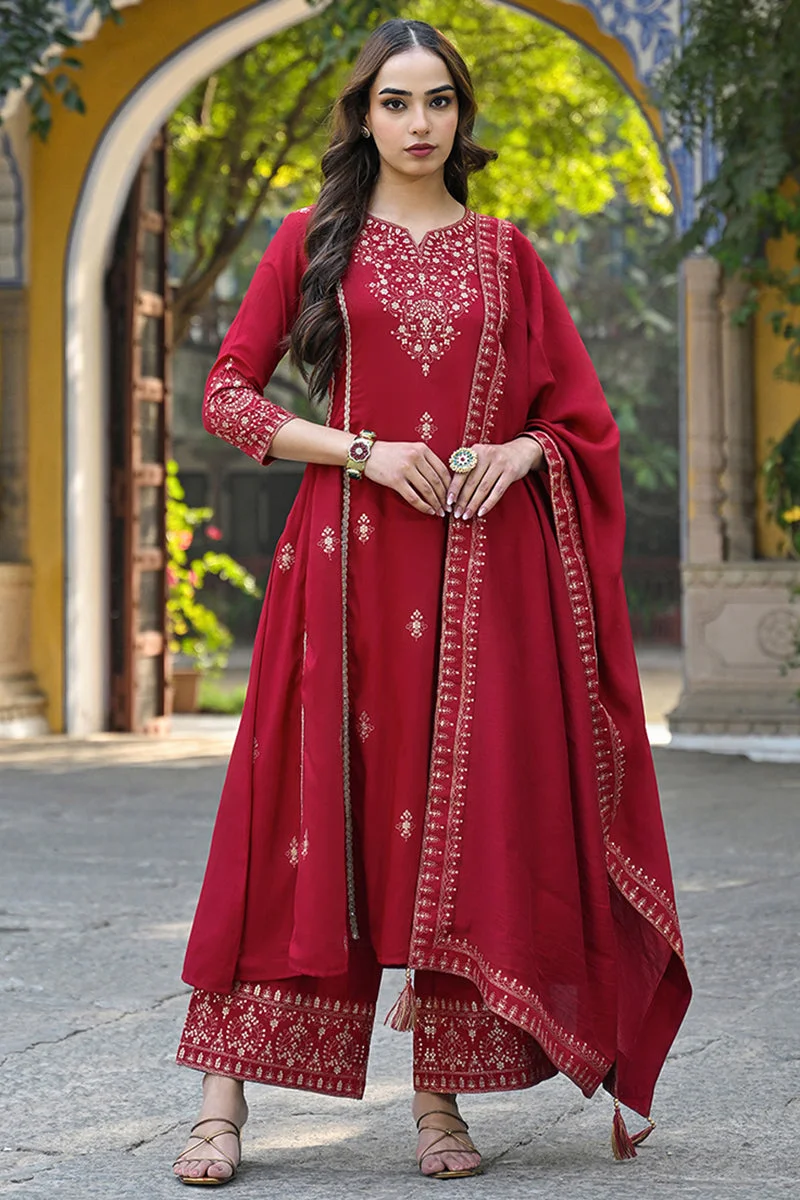 Red Silk Blend Solid Embroidered A Line Palazzo Set