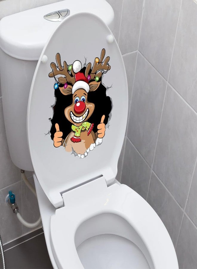 Dreothy Christmas Santa Claus Toilet Cover Sticker, Removable Christmas Elf Reindeer Crack Toilet Lid Sticker, Xmas Wc Bathroom Wall Door Stickers (Reindeer) - Image 2