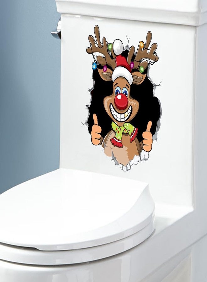 Dreothy Christmas Santa Claus Toilet Cover Sticker, Removable Christmas Elf Reindeer Crack Toilet Lid Sticker, Xmas Wc Bathroom Wall Door Stickers (Reindeer) - Image 3