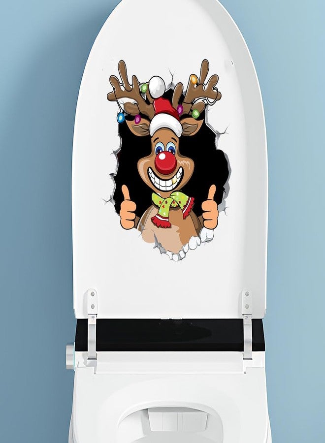 Dreothy Christmas Santa Claus Toilet Cover Sticker, Removable Christmas Elf Reindeer Crack Toilet Lid Sticker, Xmas Wc Bathroom Wall Door Stickers (Reindeer) - Image 1