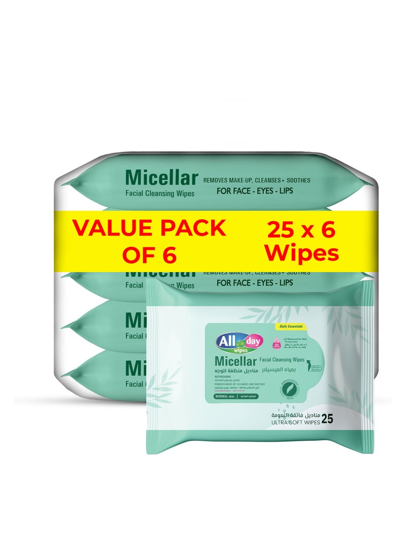 All day wipes All Day Micellar Facial Cleansing Wipes 25 Sheets ( Pack of 6) - Image 1