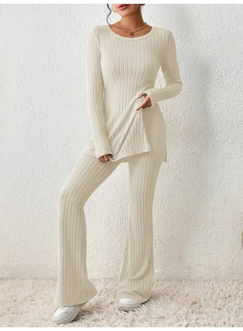 general 2025-2026 Solid-color Casual Stylish and Fit-ting Long-Sleeved Women's Sweater Set (Two Pieces) - Image 1